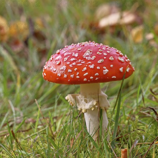 Red fly agaric (Amanita muscaria), fruiting body, in a meadow, close-up, Wilnsdorf, North Rhine-Westphalia, Germany