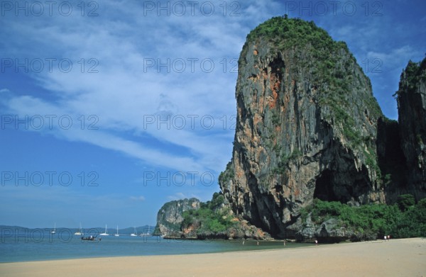 Rocks and boats on Pranang Cave beach, two years in front of the tsunami, Krabi, Thailand, December 2002, vintage, retro, old, historic