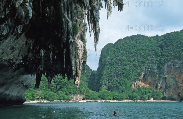 Mountains, snorkeling in front of Pranang Cave beach, two years in front of the tsunami, Krabi, Thailand, December 2002, vintage, retro, old, historic