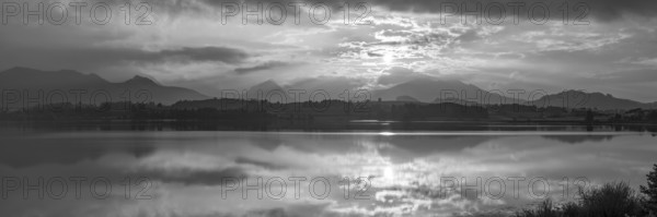 Sunset panorama, Hopfensee, Hopfen am See, near Füssen, Ostallgäu, Allgäu, Bavaria, Germany