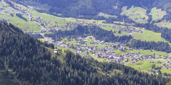 Panorama from the Fellhorn mountain trail, 2037 m, to Söllereck, 1706 m, to Mittelberg in Kleinwalsertal, Allgäu, Vorarlberg, Austria