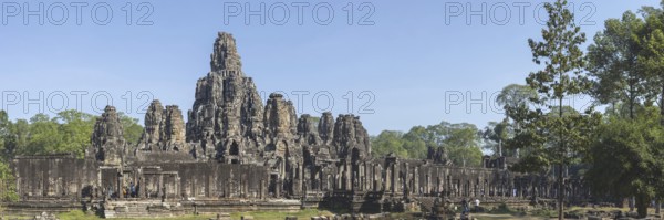Panoramic picture of the south side of Bayon Temple, with huge stone-carved faces of Bodhisattva Lokeshvara, also Avalokiteshvara, Angkor Thom, UNESCO World Heritage Site, Angkor Wat, Siem Reap, Cambodia