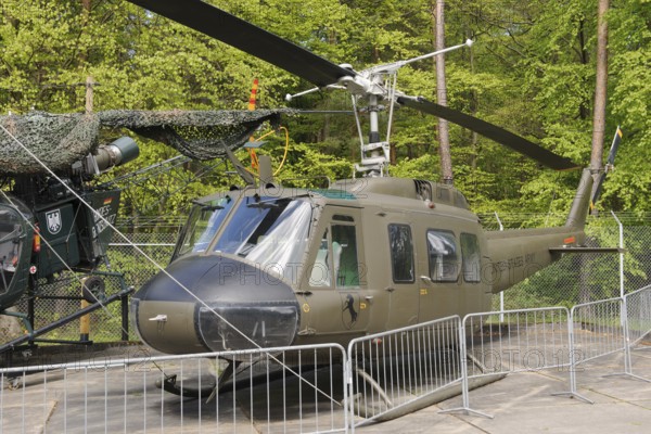 Bell UH-1 D Huey military helicopter from United States Army in open-air museum in Point Alpha open-air museum on former inner-German border between West Germany and GDR Eastern Bloc, Point Alpha Memorial, former zone border, Rasdorf, Hesse, Geisa, Thuringia, Germany