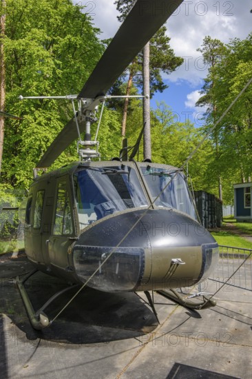 Bell UH-1 D Huey military helicopter from United States Army in open-air museum in Point Alpha open-air museum on former inner-German border between West Germany and GDR Eastern Bloc, Point Alpha Memorial, former zone border, Rasdorf, Hesse, Geisa, Thuringia, Germany