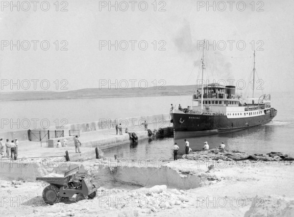 Ferry boat ship Bancinu or Il-Bancinu, Mgarr harbour quayside, Island of Gozo, Malta, Europe photographed 1956, in service between Marfa and Mgarr 1947 - 1957