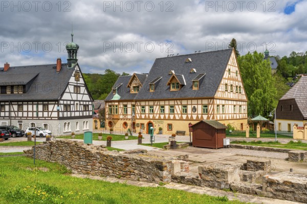 Ruins of the Saigerhütte, half-timbered house historic tavern and house of the grower, today hotel, museum Saigerhütte Grünthal, Olbernhau, Ore Mountains, Saxony, Germany