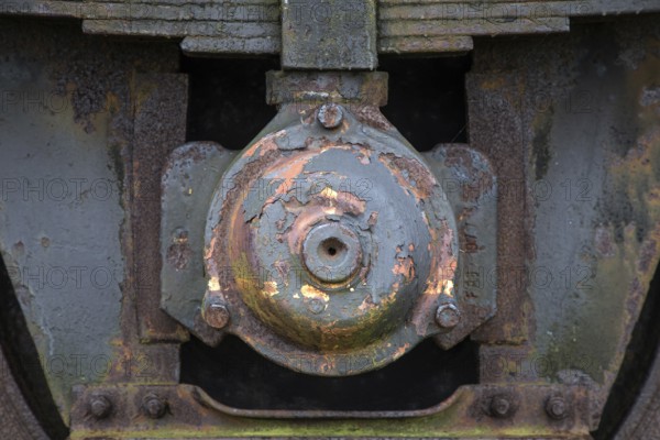 Detailed view of the axle of an old railway wagon near the former Bresewitz station, near Zingst, Mecklenburg-Western Pomerania, Germany