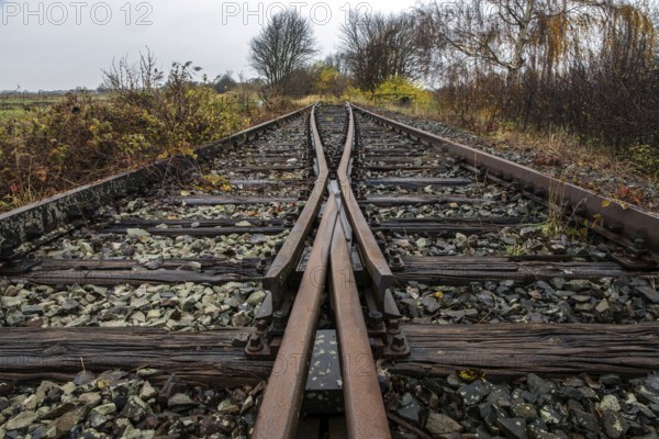 Old railroad tracks at Bresewitz station, near Zingst, Mecklenburg-Western Pomerania, Germany