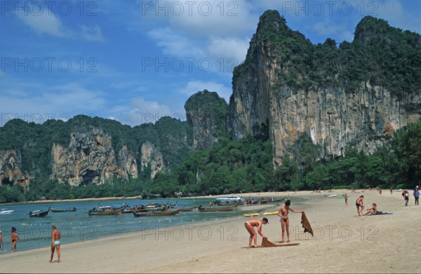 People, longtail boats, beach, Railay West, two years in front of the tsunami, Krabi, Thailand, December 2002, vintage, retro, old, historic