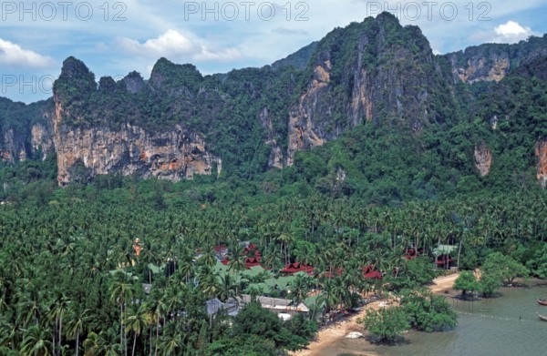 Mountains, sea, beach, boats, view of Railay East from the viewpoint, two years in front of the tsunami, Krabi, Thailand, December 2002, vintage, retro, old, historic