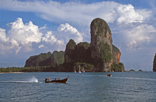 Longtail boats, rocks in the sea, Railay East, two years in front of the tsunami, Krabi, Thailand, December 2002, vintage, retro, old, historic