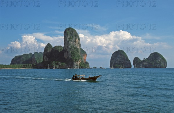 Longtail boat, rocks in the sea, Railay East, two years in front of the tsunami, Krabi, Thailand, December 2002, vintage, retro, old, historic