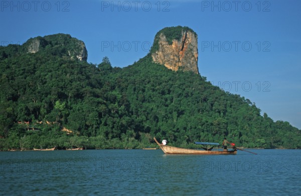 Mountains, sea, longtail boat, two years in front of the tsunami, Railay East, Krabi, Thailand, December 2002, vintage, retro, old, historic