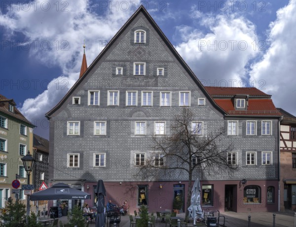 Historic slate façade of a residential building from 1665, Gustavstraße 48 and 50, Fürth, Middle Franconia, Bavaria, Germany