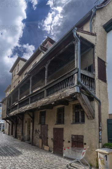 Historic residential building with wooden balcony, Old Town, Fürth, Middle Franconia, Bavaria, Germany