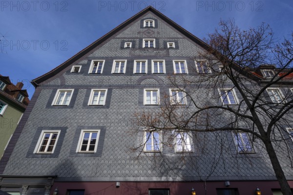 Historic slate façade of a residential building from 1665, Gustavstraße 48 and 50, Fürth, Middle Franconia, Bavaria, Germany