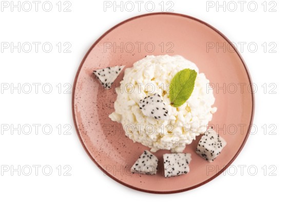 White ?ottage cheese, Curd, with Pithaya isolated on white background, top view, flat lay, close up