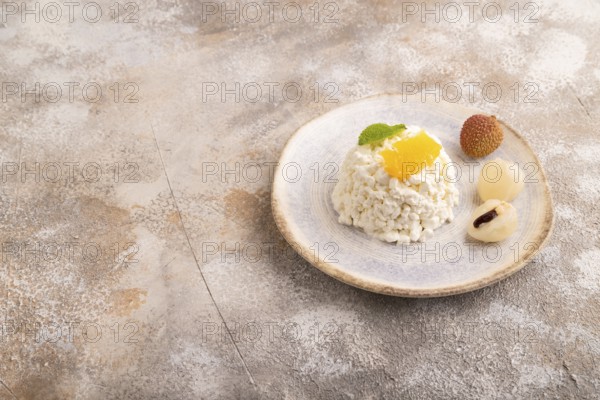White ?ottage cheese, Curd, with orange and lychee on brown concrete background, side view, copy space