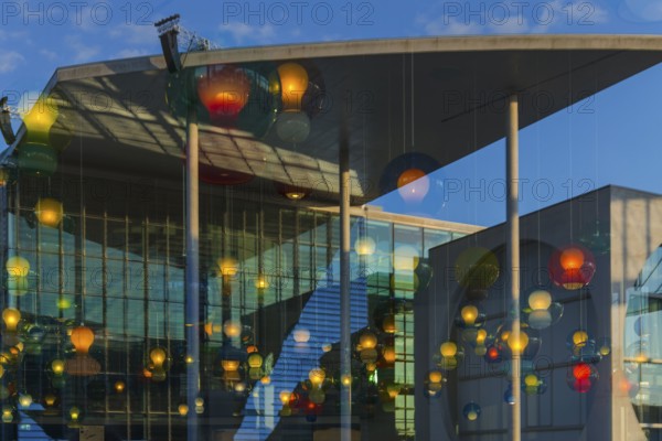 Artistic lamp installation with window reflection of the Marie-Elisabeth-Lüders House, art, abstract, government district, Berlin