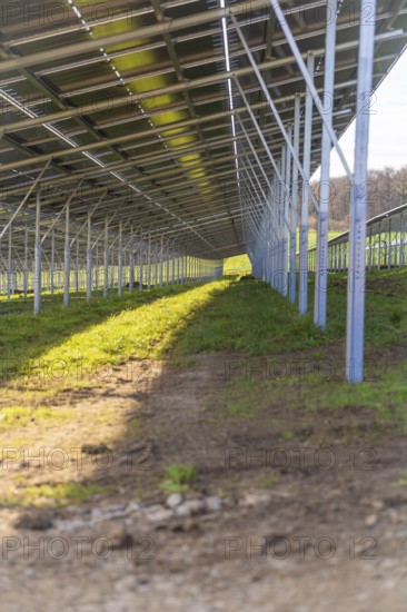 View of metallic structures along the shadows under solar panels, energy revolution, construction of PV open space, Baden-Württemberg, Germany