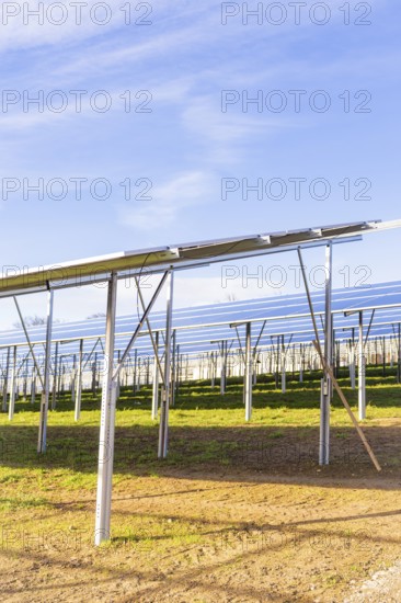 Metal frameworks for solar modules on green soil, energy revolution, construction of PV open space, Baden-Württemberg, Germany