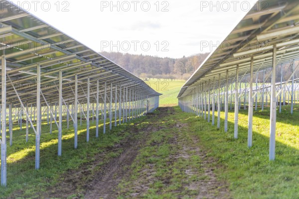 Rows of solar modules on a green field, energy revolution, construction of PV open space, Baden-Württemberg, Germany
