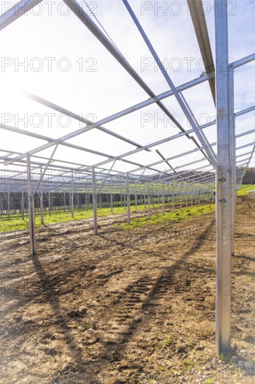 Metal framework for solar system installation shows solar radiation, energy revolution, construction of PV open space, Baden-Württemberg, Germany