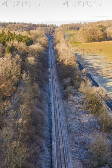 Railway lines extend through a forest with trees covered in frost under clear skies, construction of the Hermann Hesse Railway, Calw, Germany