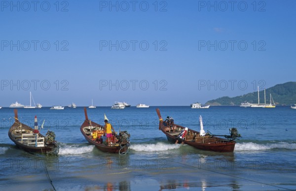 Longtail boats and yachts on Patong Beach, Ko Phuket, two years in front of the tsunami, Thailand, December 2002, vintage, retro, old, historic