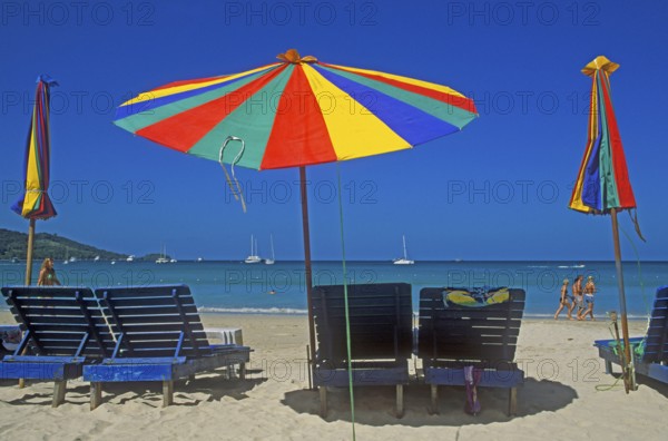 Umbrellas, people, Patong Beach, Ko Phuket, two years in front of the tsunami, Thailand, December 2002, vintage, retro, old, historic