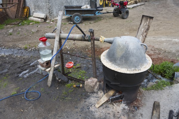 Self-built distillation plant on earthy soil, production of schnapps, Sameba, Kvemo Kartli region, Lower Kartli, Georgia