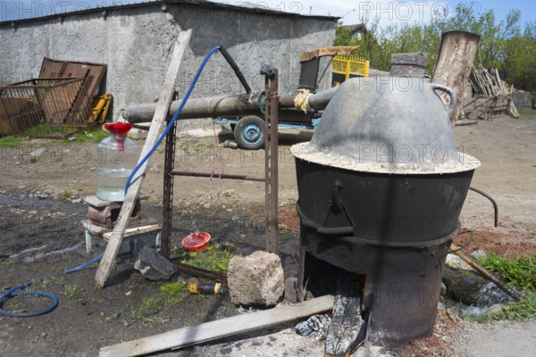 Handmade distillation plant with metal container, liquor production, Sameba, Kvemo Kartli region, Lower Kartli, Georgia