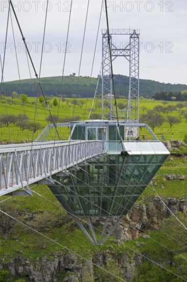 Bridge with glass structure over a green landscape and hills, diamond bridge, Diamond Glass Bridge, world's longest free-hanging structure, Dashbashi Gorge, Khrami River, Tsalka Nature Reserve, Kartli, Georgia