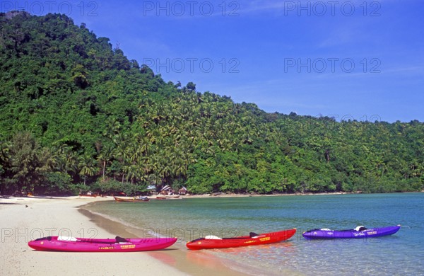 Kayaks on the beach of Ko Phi Phi Don, two years in front of the tsunami, Thailand, December 2002, vintage, retro, old, historic