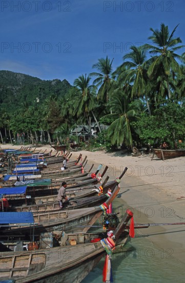Longtail boats on Ko Phi Phi Don beach, two years in front of the tsunami, Thailand, December 2002, vintage, retro, old, historic