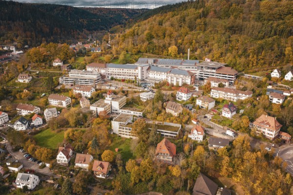Town in autumn landscape with buildings and trees surrounded by hills and cloudy sky, Altes Krankenhaus, Calw, Germany