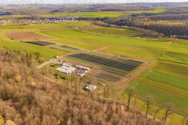 Large solar park, embedded in an extensive rural landscape, energy revolution, construction of PV open space, Baden-Württemberg, Germany