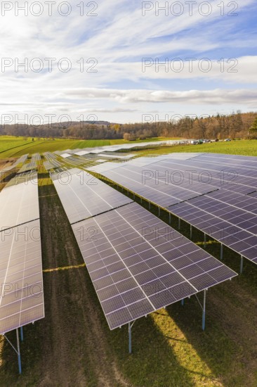Solar panels in fields with sunny skies, renewable energy source, energy revolution, construction of PV open space, Baden-Württemberg, Germany