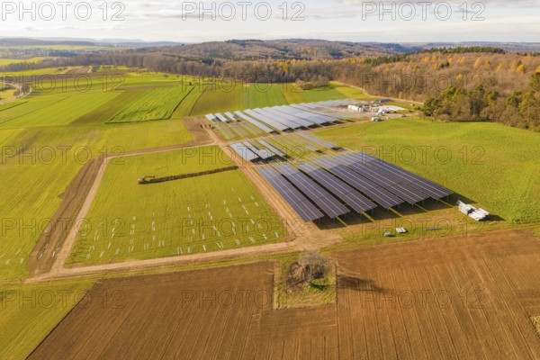 Solar systems that extend far over large fields, energy transition, construction of PV open space, Baden-Württemberg, Germany