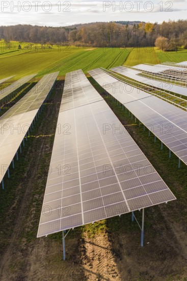 Detailed view of solar systems in open fields, energy revolution, construction of PV open space, Baden-Württemberg, Germany