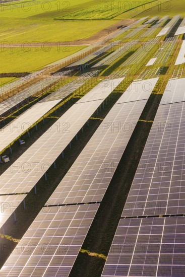 Detailed view of solar panels in a field in a green area, energy revolution, construction of PV open space, Baden-Württemberg, Germany