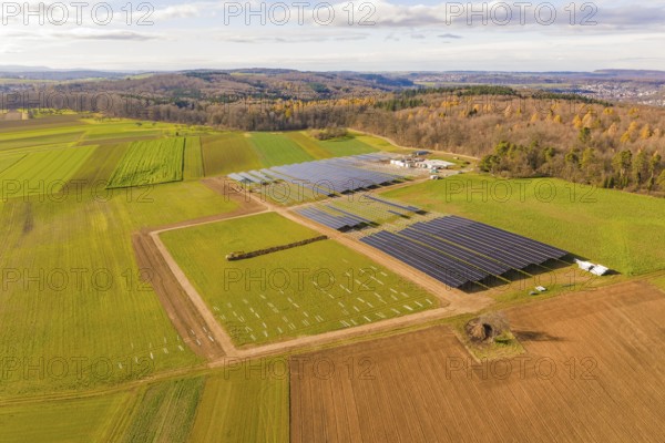 Extensive solar systems in a green and brown landscape, energy revolution, construction of PV open space, Baden-Württemberg, Germany