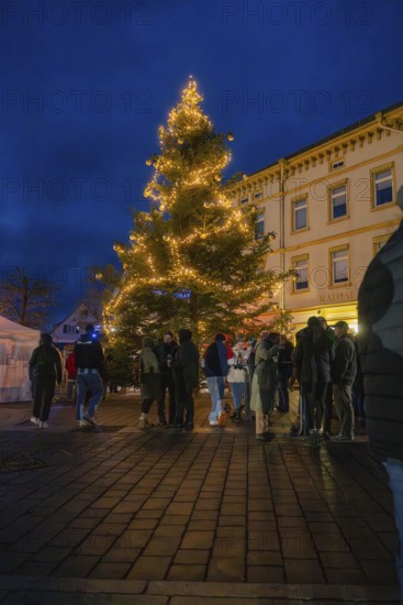 Festively illuminated Christmas tree surrounded by people in a nocturnal city atmosphere, Christmas market, Aidingen, Germany