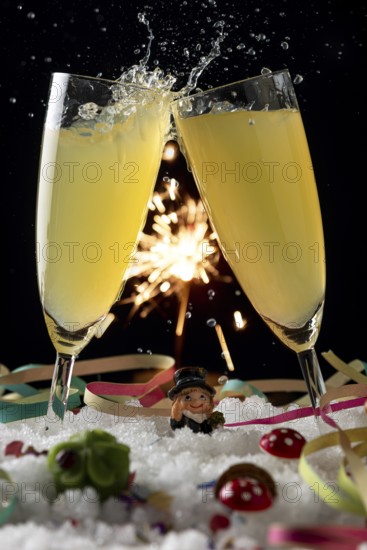 Two sparkling champagne glasses against a sparkling background in the snow with lucky New Year's Day charms