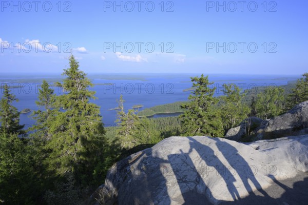 Panoramic view of lakes and forests under clear blue sky with tree statues, Koliberg, Finland's most famous viewpoint, Ylä-Koli, Koli, North Karelia, Finland