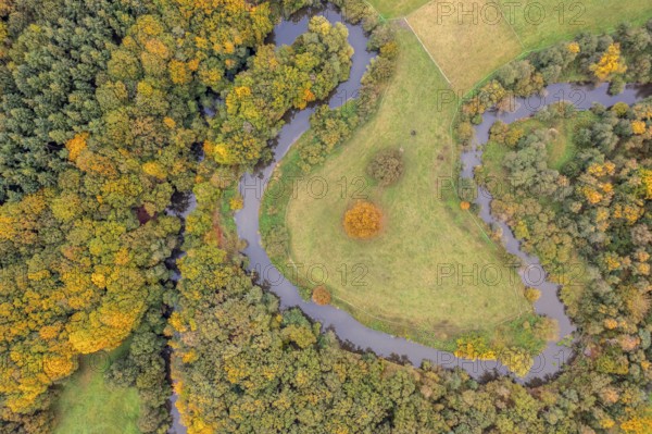 Aerial view of the winding Hunte river in autumn landscape Aerial view Vertical aerial view, Huntetal, Dötlingen, Lower Saxony, Germany