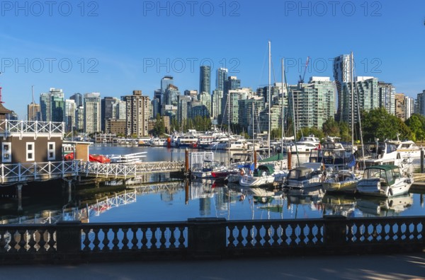 Modern buildings of vancouver reflecting in the calm waters of coal harbour, with yachts and sailboats moored at the marina on a beautiful sunny day in british columbia, canada