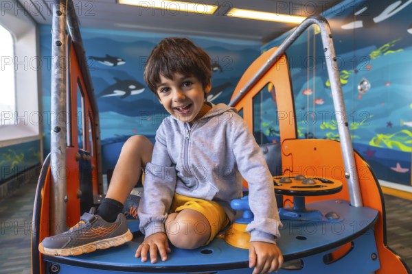 Happy child smiling and playing on a colorful play structure aboard a ferry traveling from victoria to vancouver, enjoying onboard entertainment during a scenic journey