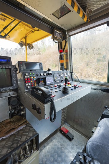 Interior view of a cockpit with control panel in a track construction vehicle, tamping machine on Hermann, Hesse, railway, Althengstett, Calw district, Germany