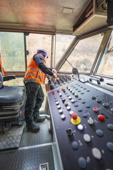 Working area in the driver's cab of a track construction vehicle with control panel, tamping machine on Hermann, Hesse, Bahn, Althengstett, Calw district, Germany